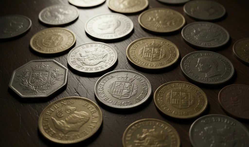 A collection of rare foreign coins from different countries on a dark wooden table