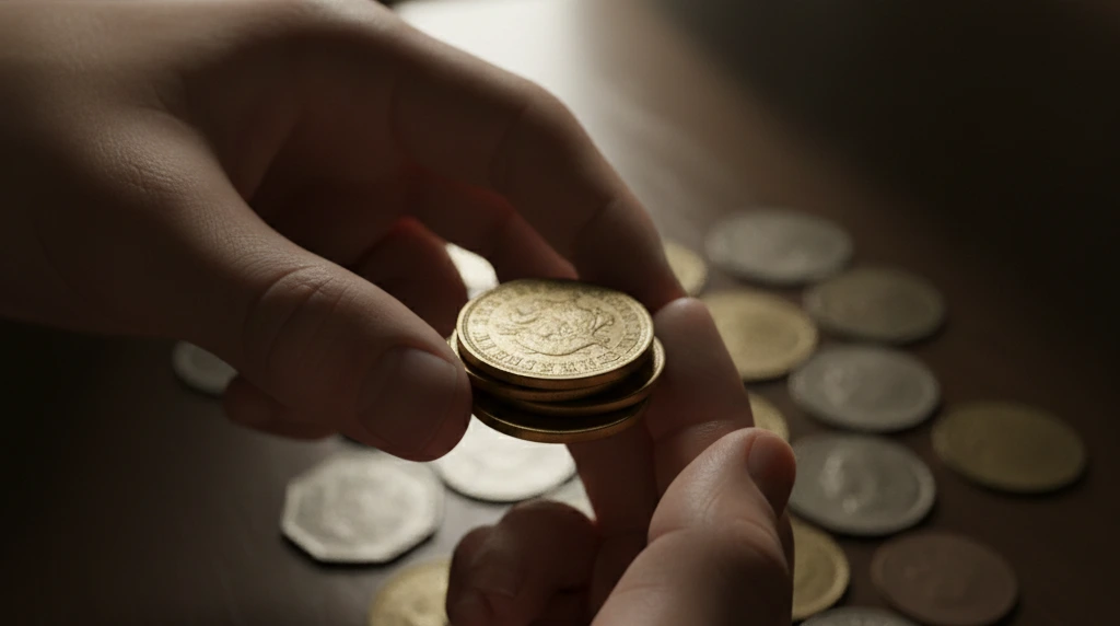 Hands holding foreign coins worth money