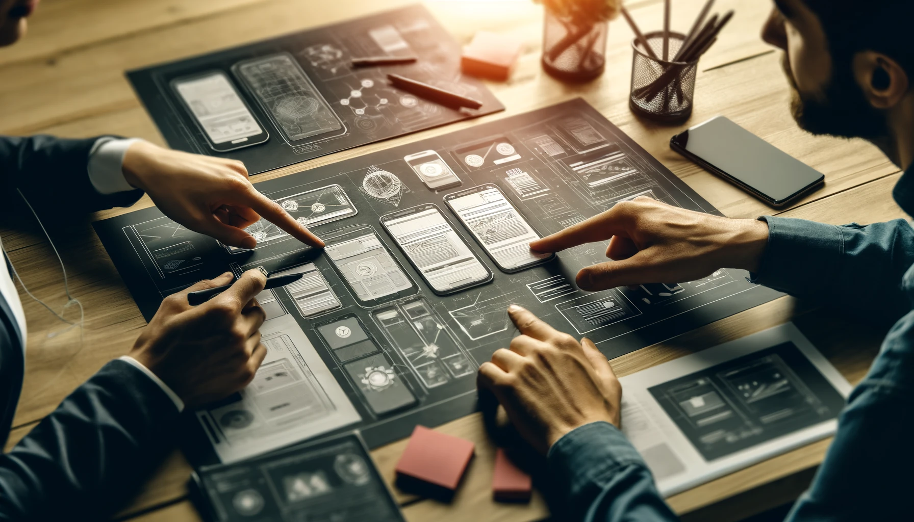 A realistic close-up image of a UX developer and a UI designer brainstorming about mobile app interface wireframe design on a table