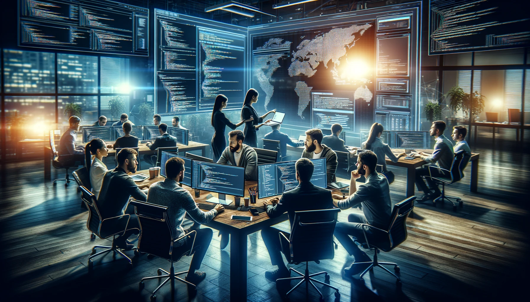 professional developer programmers in a cooperation meeting, brainstorming and analyzing programming in website working and coding technology