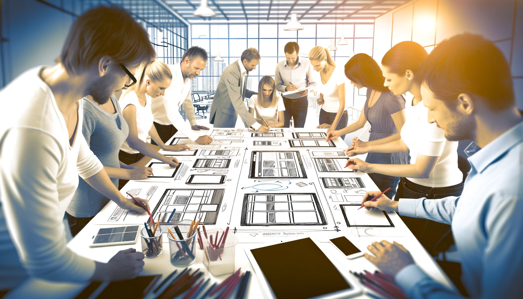 website development team sketching wireframe layout for responsive web content