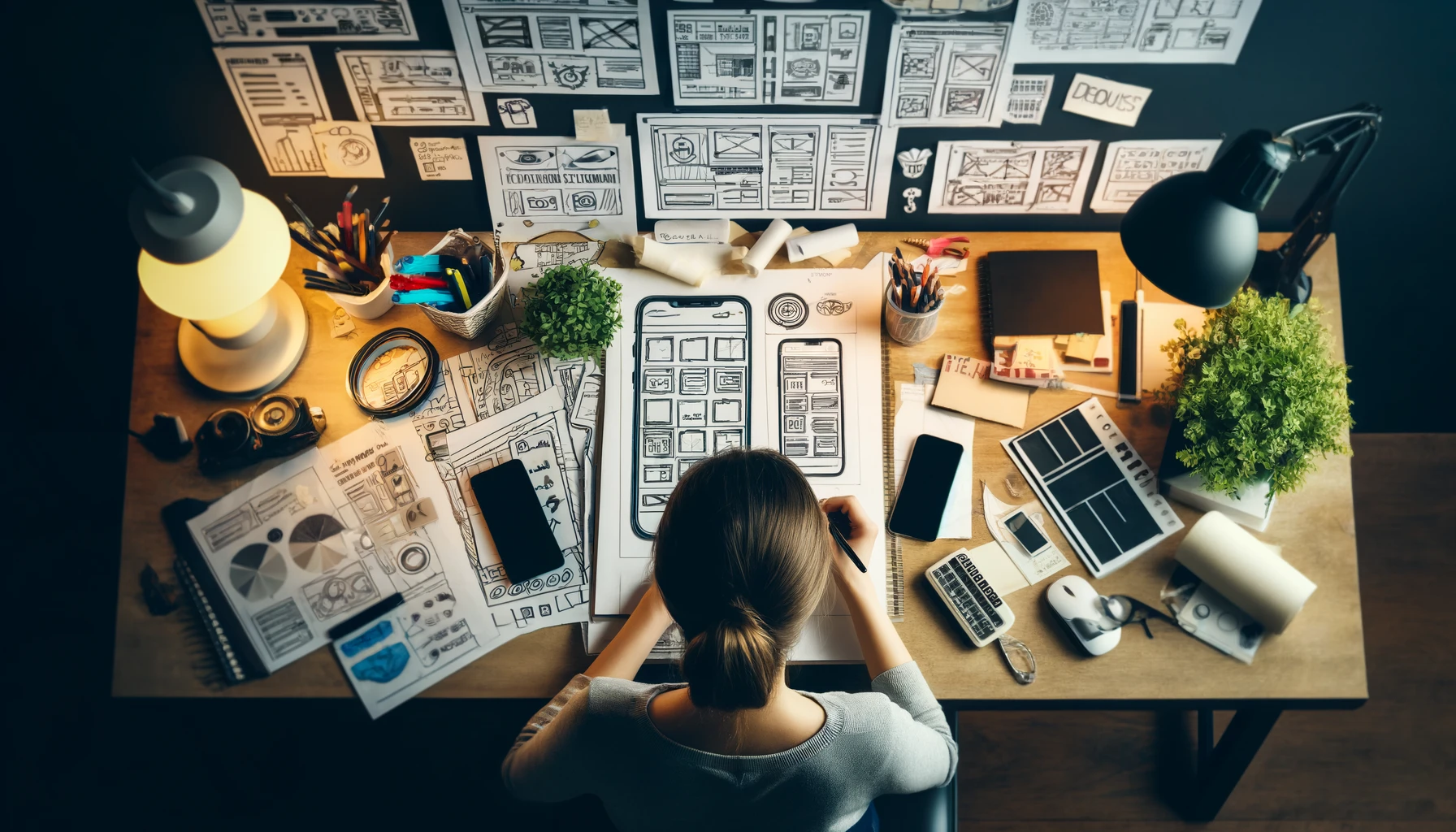 Overhead view of a young woman UX designer thinking out web structure at her home office, showcasing creative planning and phone app development sketch template layout framework wireframe design