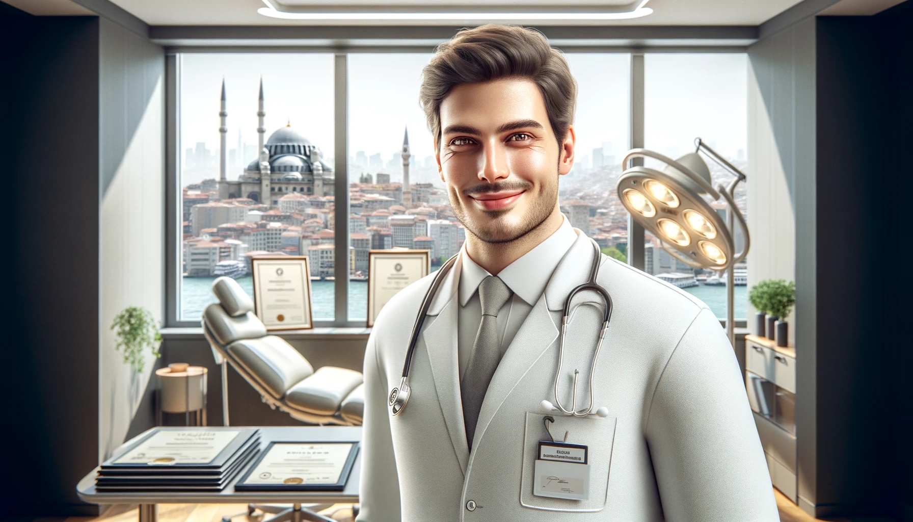 smiling plastic surgery doctor in Istanbul, in an office environment