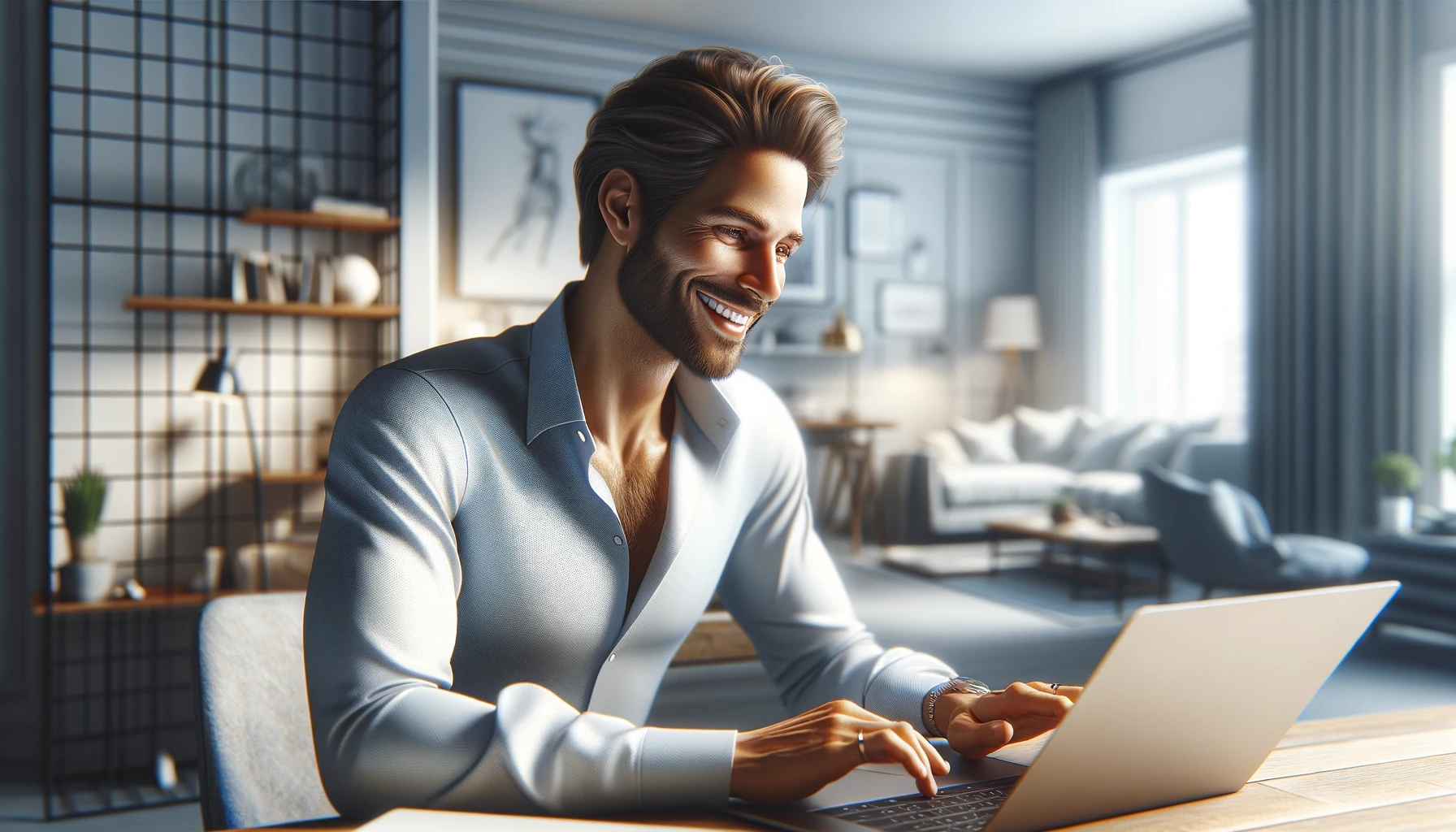 handsome man working on a laptop and smiling