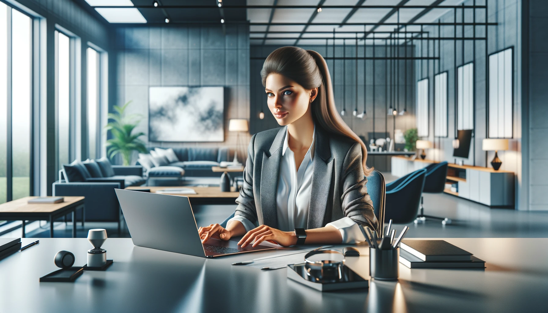 attractive woman web developer working on a laptop in a modern workspace