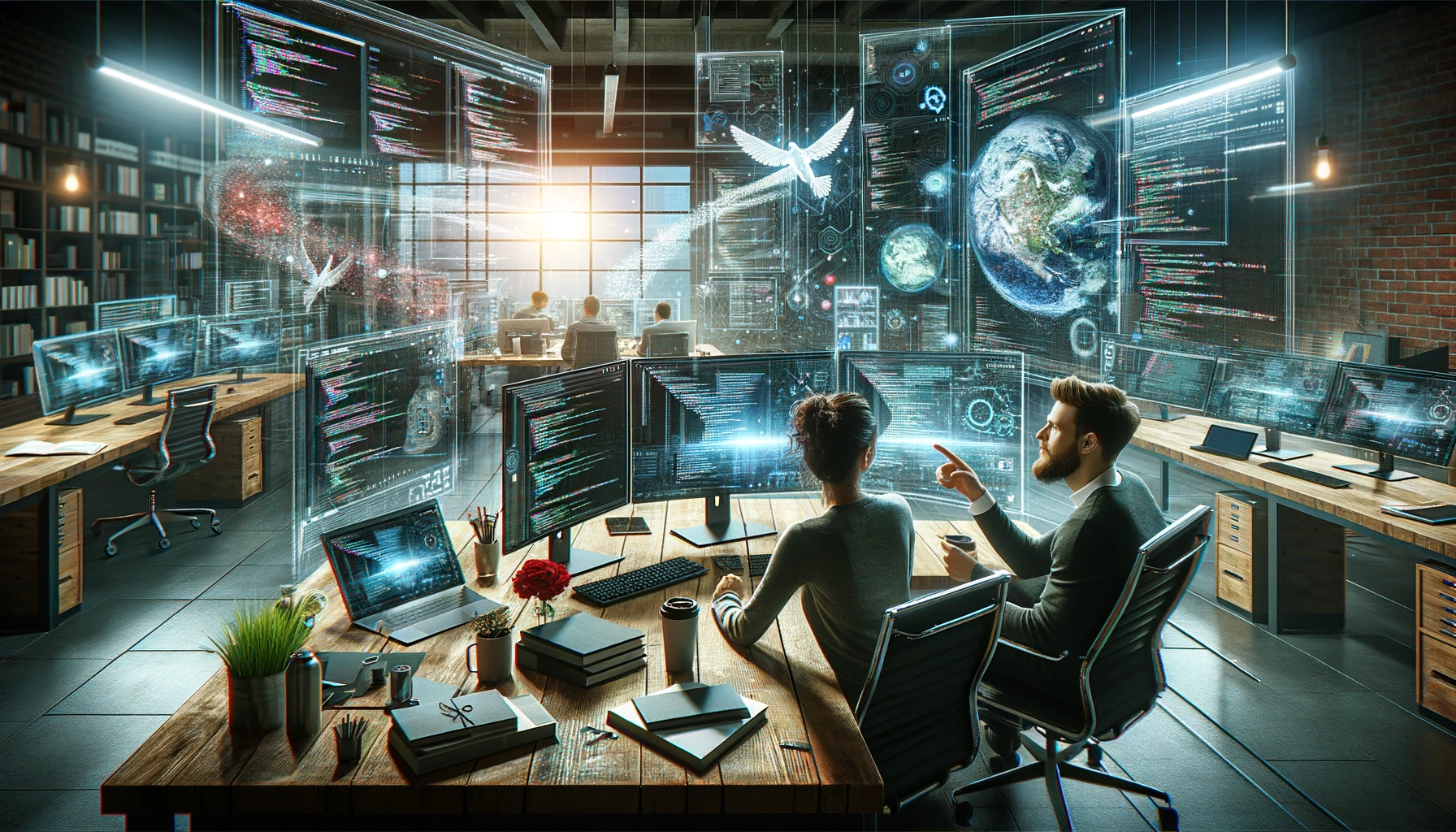 a professional developer and programmer collaboration, set in a tech-oriented office environment