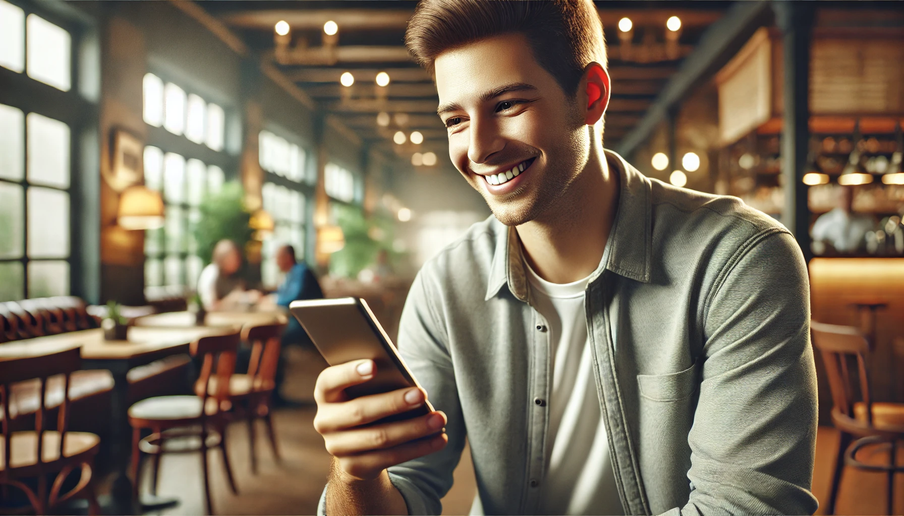 a smiling young man using his phone. He is casually dressed, sitting at a coffee shop, holding his smartphone with one hand, and smiling at the screen.