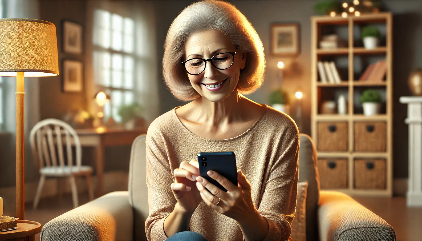an elderly woman in glasses sitting comfortably in her living room, holding her smartphone with both hands and smiling as she looks at the screen.