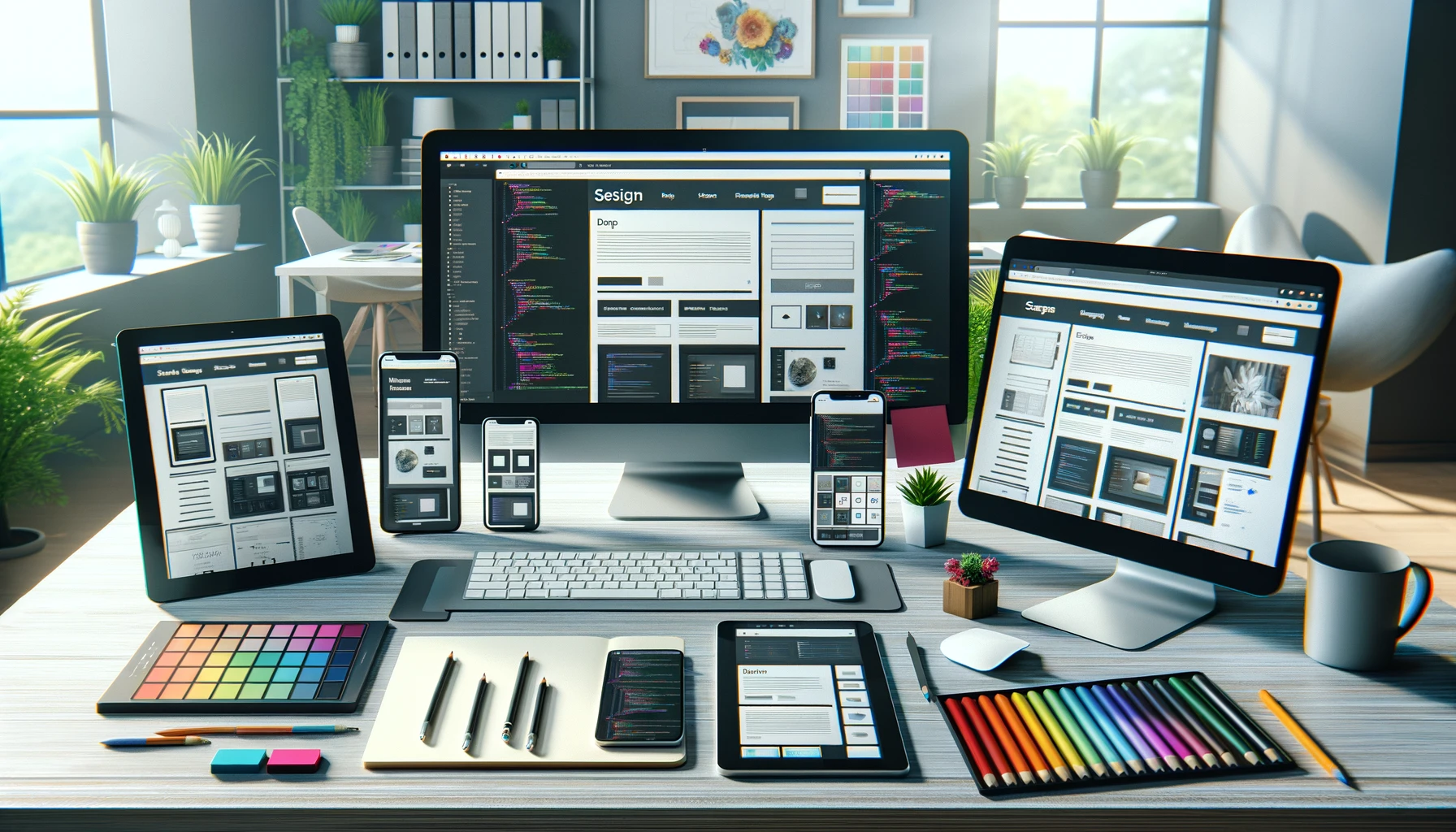 a responsive website design process, showing various devices including a desktop monitor, tablet, and smartphone, all displaying the same website layout.