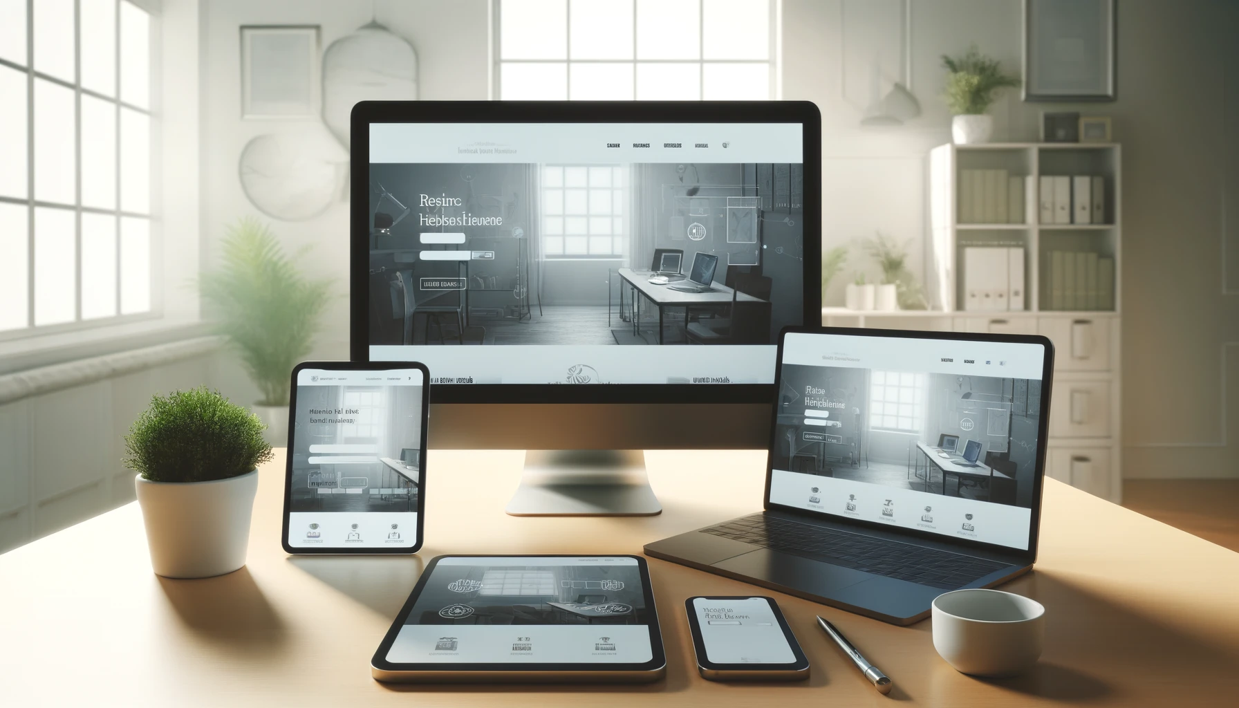 a responsive website displayed on various devices, including a smartphone, tablet, and laptop, all showing a seamless and cohesive web design layout.