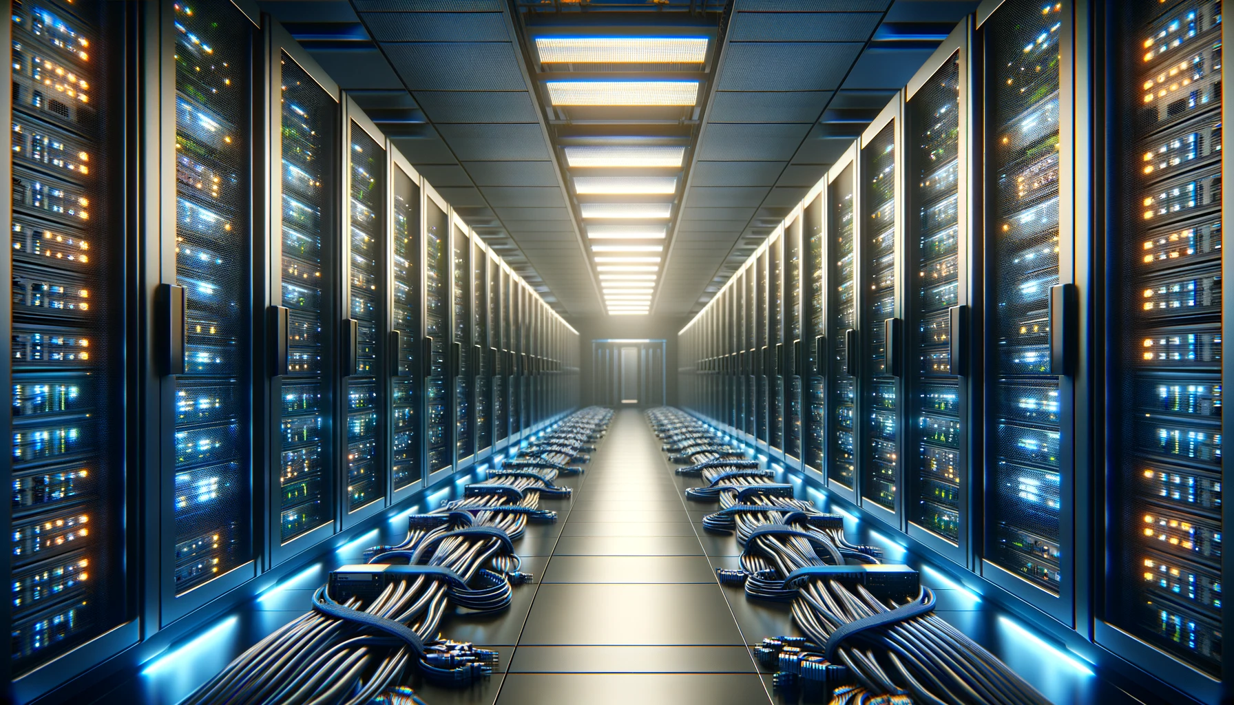 a high-tech server room with rows of servers, ambient lighting, and neatly organized cables, emphasizing speed and performance optimization.