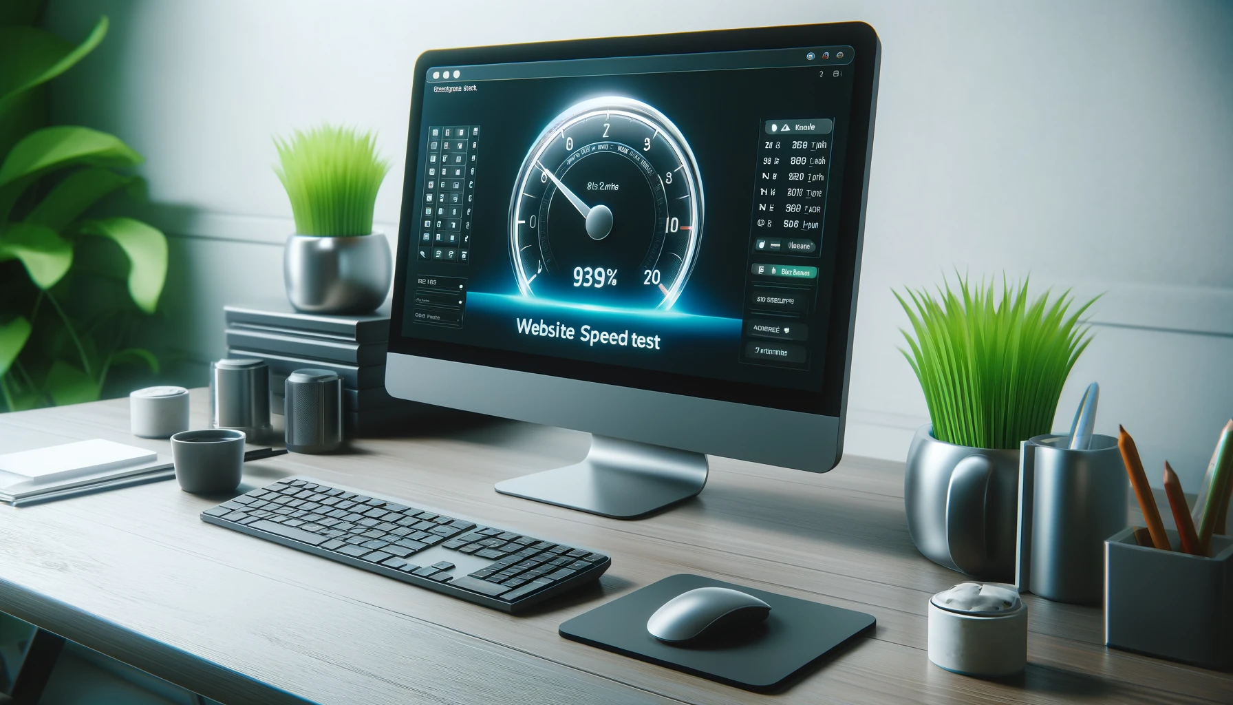 a sleek, modern computer setup displaying a website speed test on a large monitor.