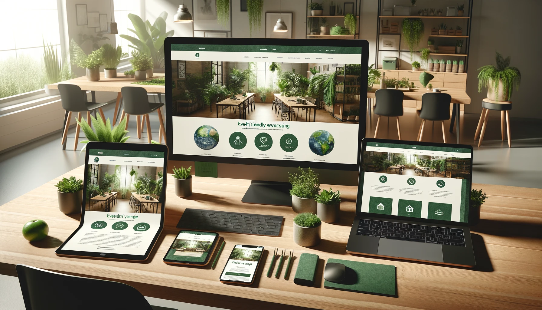 an eco-friendly website design displayed on multiple devices, including a laptop, tablet, and smartphone.