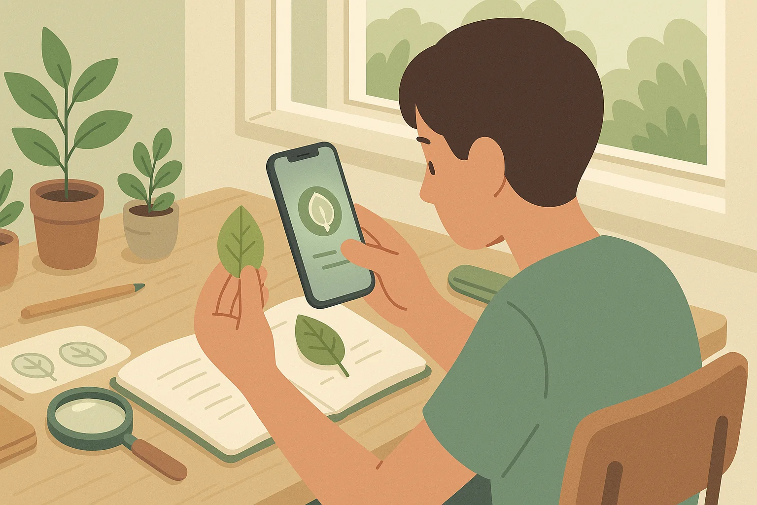 A student checks the leaf via a plant ID app.