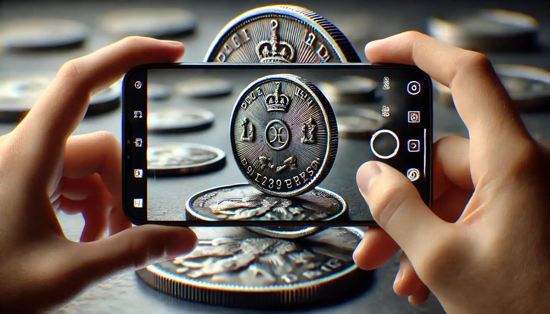 a close-up of a person photographing a coin with a smartphone.