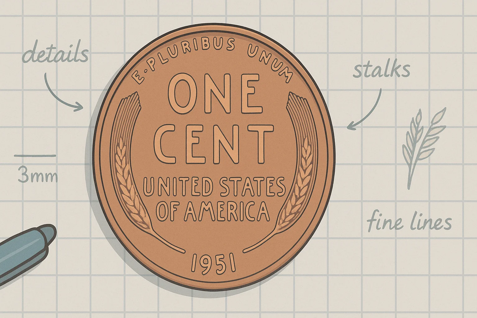 A 1951 cent lying on the notebook with notes and highlights.