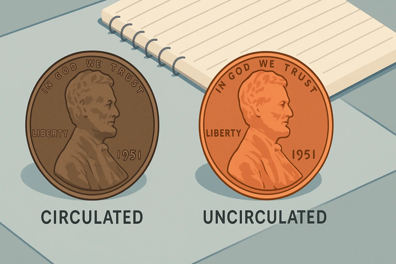 A comparison of a circulated and a new 1951 wheat penny.