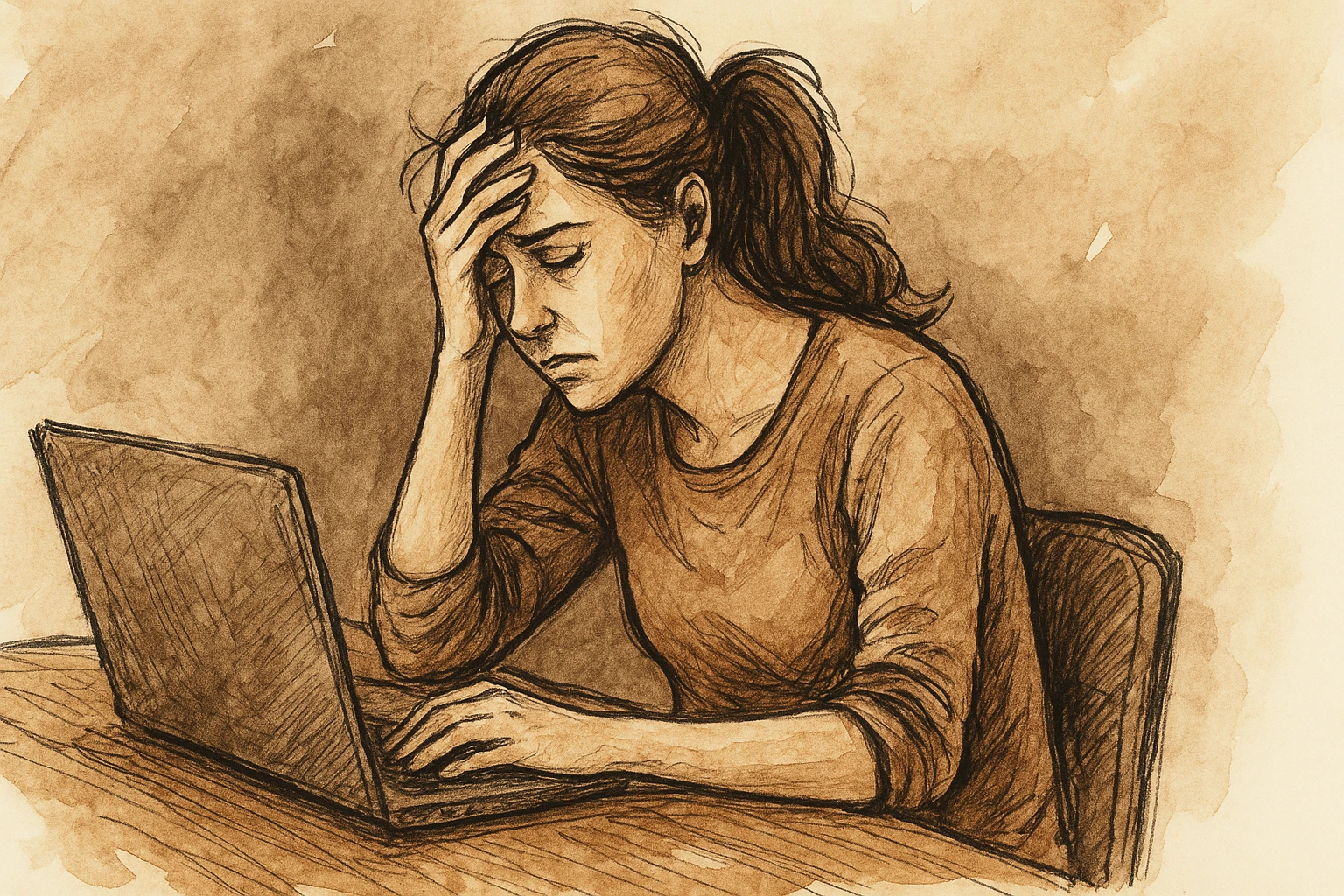 A woman is visibly burned out at work.